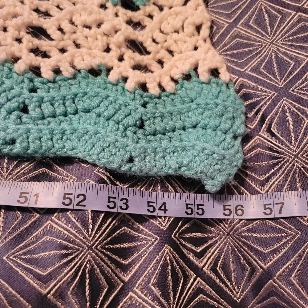 Vintage Afghan Crochet Handmade Teal & White Knit Blanket Throw